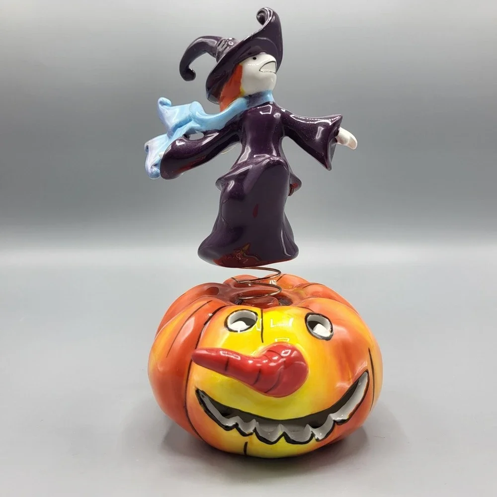 Apple's Halloween Witch on Pumpkin Bobble Figurine Decor 7.5in Purple Orange